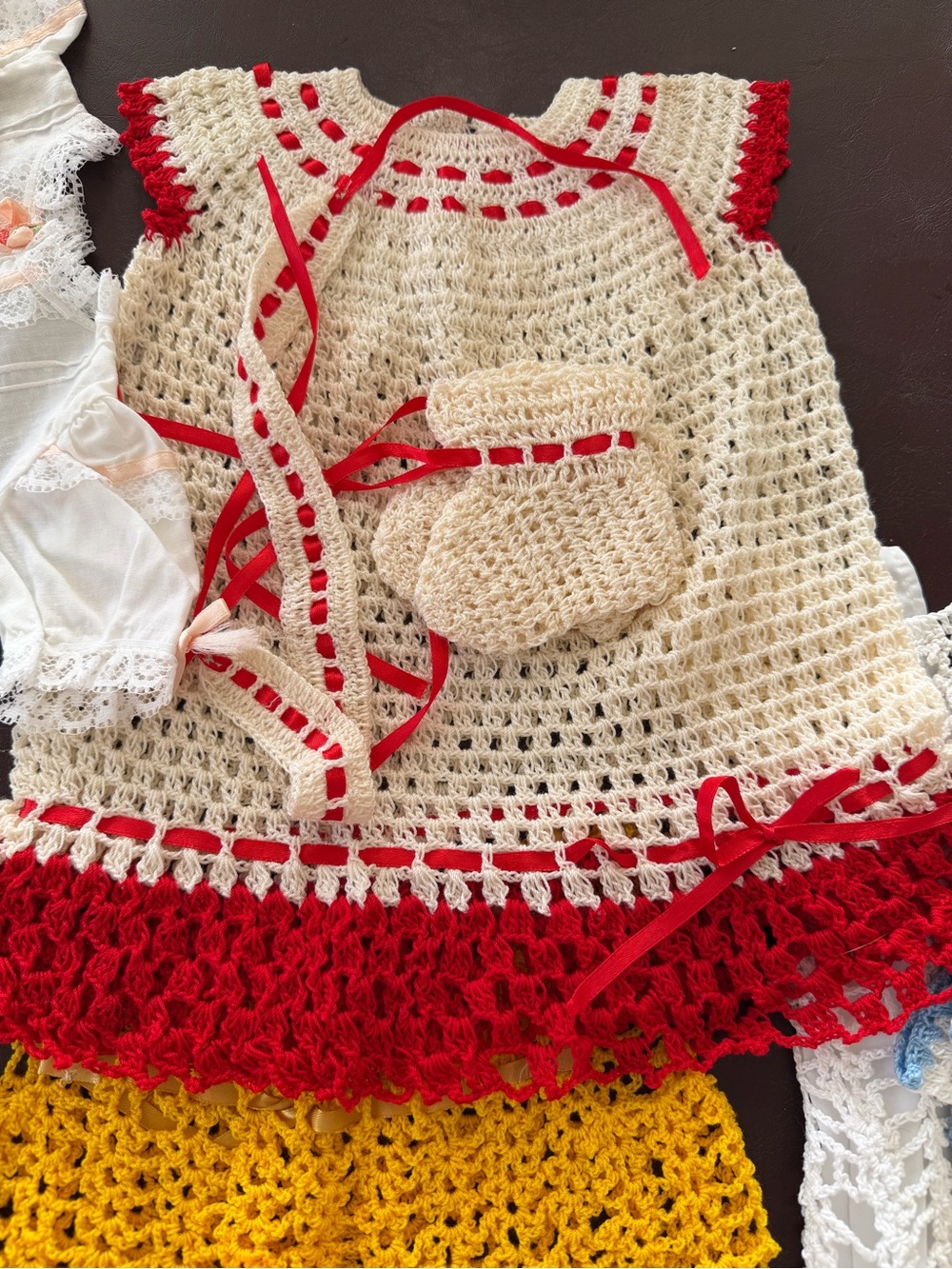 Handmade Crochet Baby Dress with Matching Mittens. By Grandma🦋